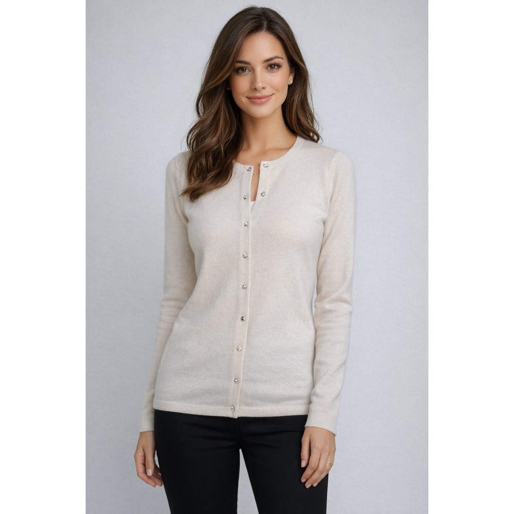 Lord &‎ Taylor Cashmere Cardigan Sweater Cream Rhinestone Button Womens XS